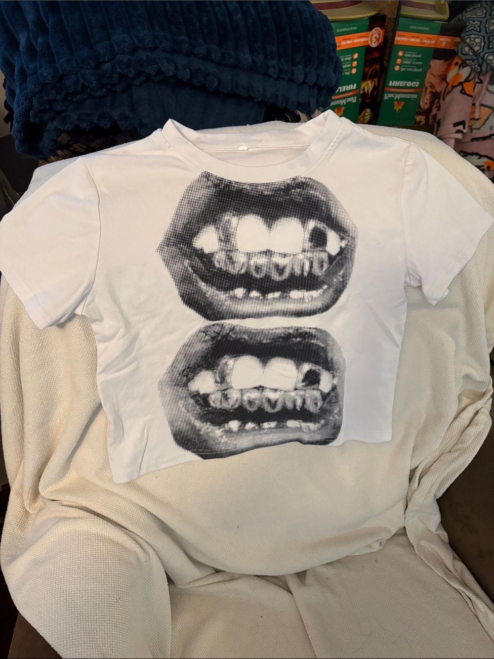 Girl/Teen White Graphic Crop Tee with Black Mouth Print